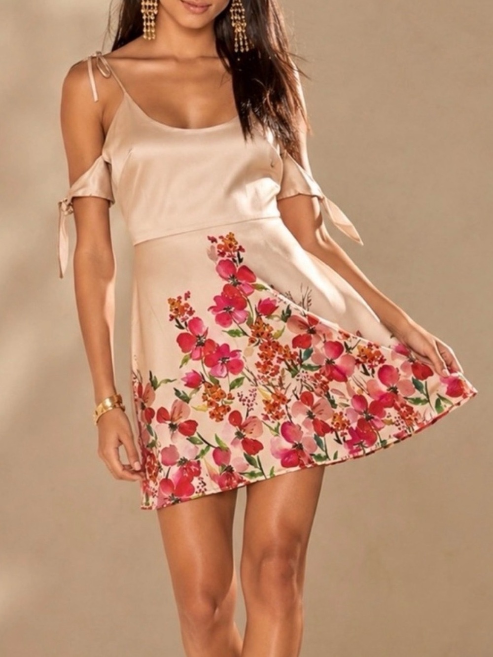 LPA Dress 191 Silk Floral Mini Dress Open Back Peach Champagne Size Large - Picture 2 of 11